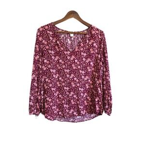 Old Navy Burgundy Floral Long Sleeve V Neck Blouse Women's Size Medium